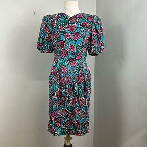 Vintage 100% Silk Puff Sleeve Rose Print Dress Sz 2